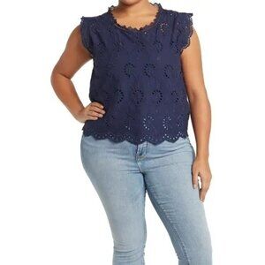 Forgotten Grace Eyelet Top Boho Navy Blue Lace Trim Scalloped Hem Size 2X‎